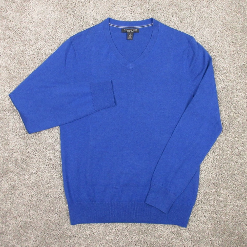Banana Republic Sweater Mens Small Blue V-Neck Luxury Blend Silk Cashmere Knit‎